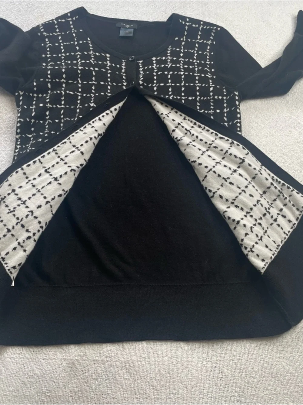 Ann Taylor Black Lightweight Knit‎ Cardigan with White Grid Stitching~ Size S/P